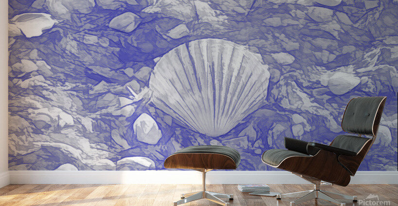 Scallop Shell On Blue and White Wall Murals